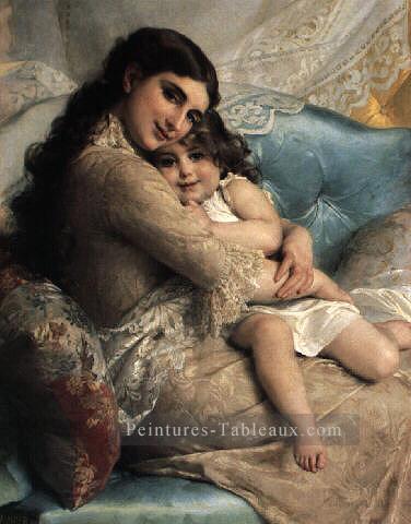 portrait d’une mère et d’une fille académie réalisme fille Émile Munier Peintures à l'huile